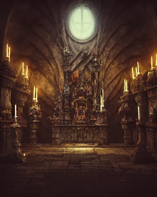 Prompt: full color, low ultrawide interior shot of sedlec ossuary, bones, anime style mixed with fujifilm, dark, foggy, atmospheric, artstation, cgsociety, octane render, cgi, denoise, detailed, cinematic masterpiece