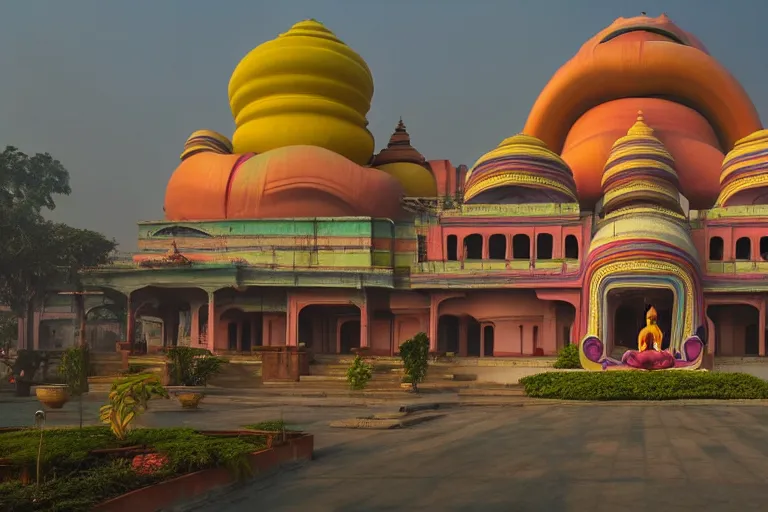 Image similar to gorgeous dreamscape! biomorphic new delhi, hanuman!! head building, kalighat, octane highly detailed cinematic, stephen shore & john j. park, soft morning light, wide shot, high angle, uhd 8 k, deep focus