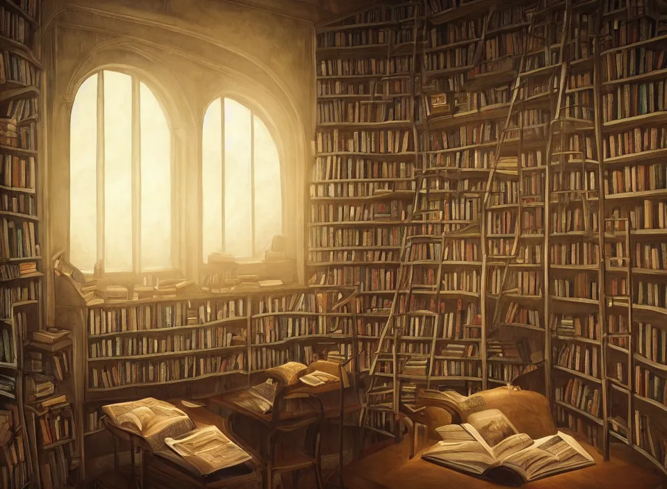 Prompt: a beautiful cozy library, fantasy setting, clean environment, serene lighting, atmospheric, cinematic, moody, in the style of diego koi, gina heyer, luiz escanuela, art by alyssa monk, hyperrealism, rule of thirds, golden ratio, oil on canvas, 8 k