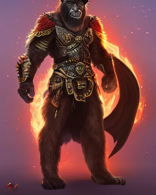 Image similar to fury art, an anthro ape wearing a large cape and a fantasy armor, fire, fiery background, 3 d, 8 k, extremely detailed, trending on furaffinity, trending on artstation, award winning, sharp focus, illustration