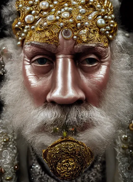 Prompt: hyperrealism, detailed textures, award winning autochrome photo, symetrical old bearded man pearl medusa king autochrome pearl portrait, pearl silverplate, intricate, detailed facial pearl animal mask, pearl, golden jewelery, silverplate, ultra realistic, cinematic, intricate, cinematic light by steve mccurry, unreal engine 8 k