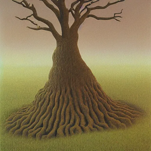 Prompt: tree b by zdzisław beksinski and rene magritte