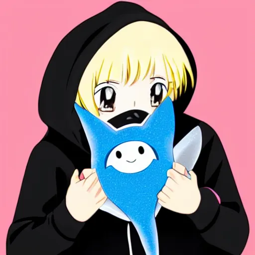 Prompt: a blonde-girl-in-a-black-hoodie holding a blue-shark-plush, anime style