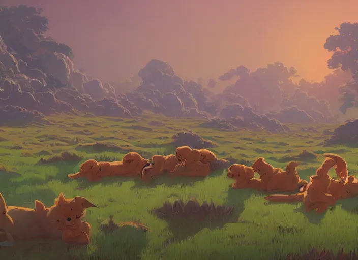 Prompt: concept art of a puppy landscape made of puppies, cel shaded, in the style of makoto shinkai and moebius and peter mohrbacher and anton fadeev