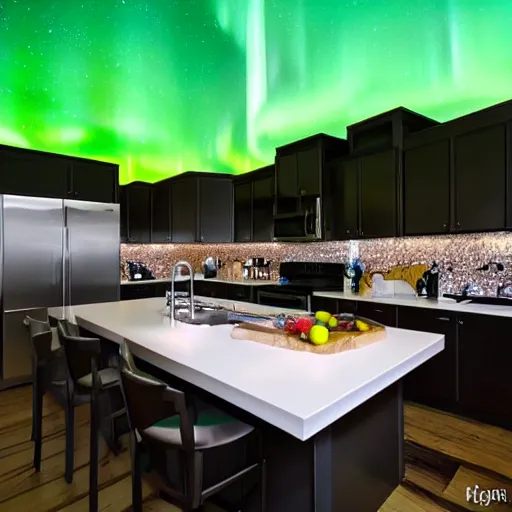 Prompt: aurora borealis in the kitchen