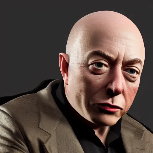 Image similar to photo realistic, uncanny valley, hyper realistic, 8 k, octane render, vray, portrait of a very wrinkly elon musk wearing a flabby jeff bezos skin suit, dead shiny black shark eyes saggy skin, melted face, entire head, bald