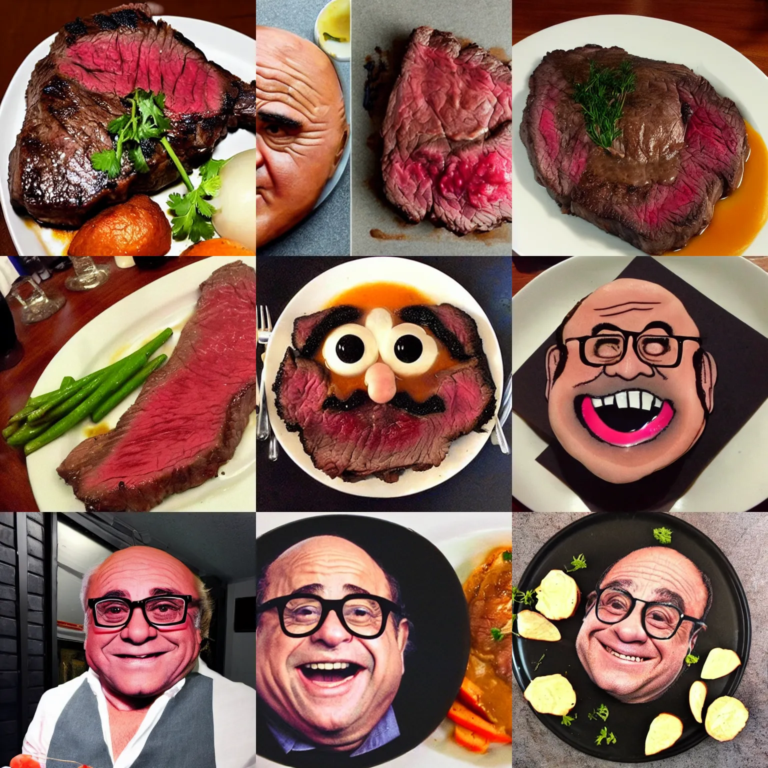 Image similar to a steak with danny devito's face