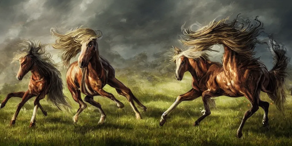 Image similar to horses made out rice, rice-horses-hybrid, galloping through the wilderness, style of Magic the Gathering, fantasy art