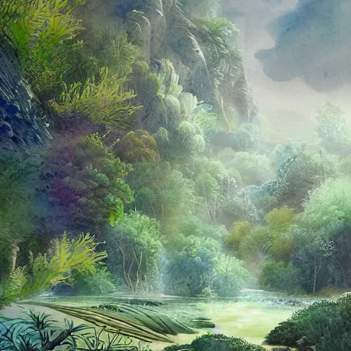 Image similar to beautiful detailed watercolor of a lush natural scene on a colourful alien planet by vincent bons. ultra sharp high quality digital render. detailed. beautiful landscape. weird vegetation. water. soft colour scheme. grainy.