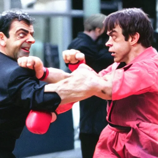 Image similar to photo of rowan atkinson fist fighting hugh laurie, street fighter style, high detail