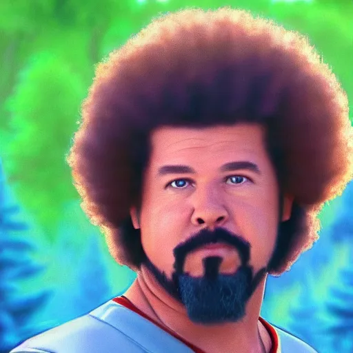 Prompt: a closeup photorealistic photograph of bob ross style kenny powers playing baseball, a painting on a canvas. mountains and trees. film still. brightly lit scene. this 4 k hd image is trending on artstation, featured on behance, well - rendered, extra crisp, features intricate detail, epic composition and the style of unreal engine.