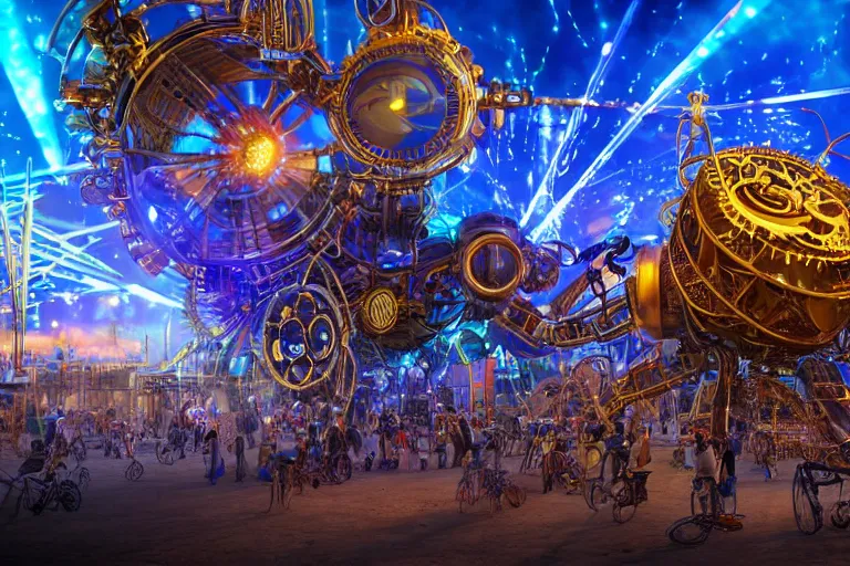 Image similar to scene is burning man festival, portrait photo of a giant huge golden and blue metal steampunk robot, with gears and tubes, eyes are glowing red lightbulbs, audience selfie, shiny crisp finish, 3 d render, 8 k, insaneley detailed, fluorescent colors, haluzinogetic, background is multicolored lasershow