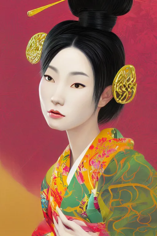 Image similar to a professional painting of a beautiful Japanese Geisha girl, in brightly colored kimono, long dark hair, beautiful bone structure, symmetrical facial features, intricate, elegant, digital painting, concept art, smooth, sharp focus, illustration, from StarCraft by Ruan Jia and Mandy Jurgens and Artgerm and William-Adolphe Bouguerea