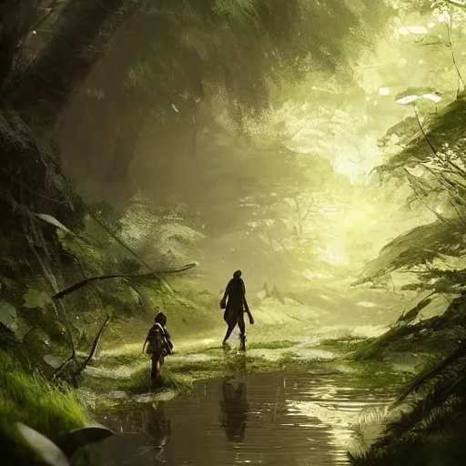 Image similar to tiny mushroom people walking by a stream in a lush forest, dramatic lighting, illustration by Greg rutkowski, yoji shinkawa, 4k, digital art, concept art, trending on artstation