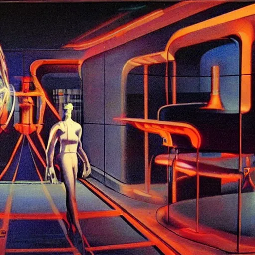 Image similar to man in futurist 6 0 ´ s lab, machines and futurist robots, red lights, boris vallejo style, black suit