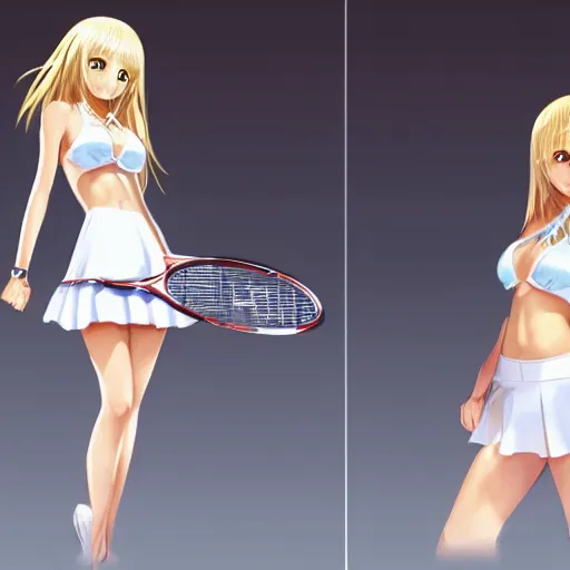 Prompt: full body shot : a very beautiful young blond tennis anime girl, sky blue eyes, smug, bikini, white miniskirt, highly detailed, cinematic wallpaper by stanley artgerm lau