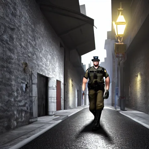 Image similar to furry anthro 3d unreal engine render 4k police officer white wolf in uniform standing under a streetlamp in an alley at night warm lighting