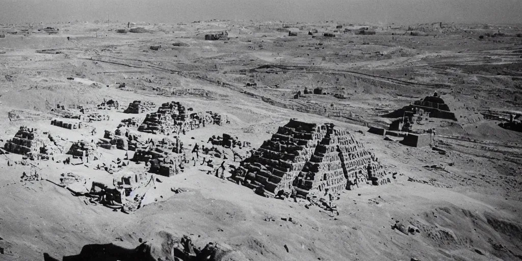 Prompt: A photograph of the egyptian Pyramids being constructed by ancient giant