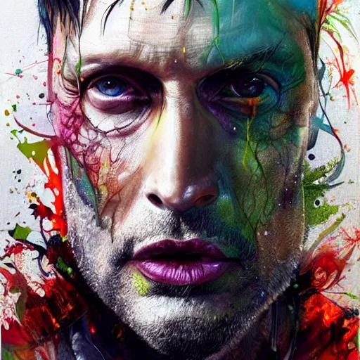 Image similar to a Demon Slayer portrait of Mads Mikkelsen, tall, pale-skinned, slender with lime green eyes and long eyelashes by Stanley Artgerm, Tom Bagshaw, Arthur Adams, Carne Griffiths, trending on Deviant Art, street art, face enhance, chillwave, maximalist, full of color, glittering