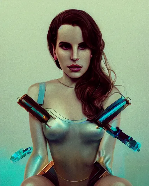 Image similar to portrait of lana del rey as a cyborg. intricate abstract. intricate artwork, by tooth wu, wlop, beeple, dan mumford. concept art, octane render, trending on artstation, greg rutkowski very coherent symmetrical artwork. cinematic, key art, hyper realism, high detail, octane render, 8 k, iridescent accents