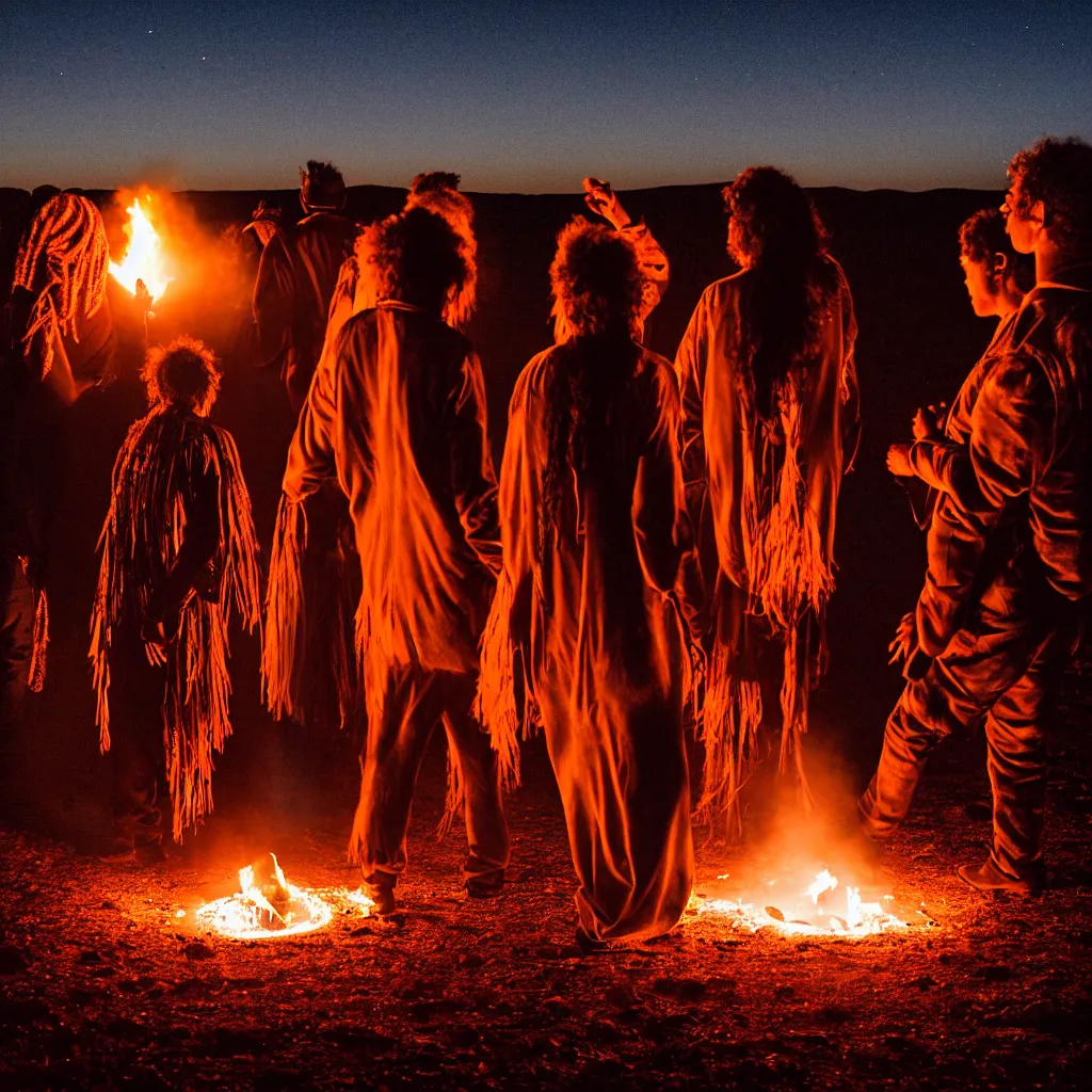 Image similar to atmospheric photograph of three ravers, two men, one woman, woman is in a trenchcoat, blessing the soil at night, seen from behind, fire circle, two aboriginal elders, dancefloor kismet, diverse costumes, clean composition, desert transition area, bonfire, atmospheric night, australian desert, symmetry, sony a 7 r