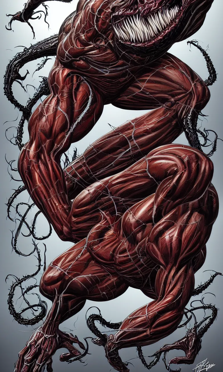 Image similar to anatomically acurate full body long shot venom from marvel comics!!!!, large mouth with teeth, fantasy, intricate, elegant, highly detailed, digital painting, artstation, concept art, matte, sharp focus, illustration, art by glenn fabry