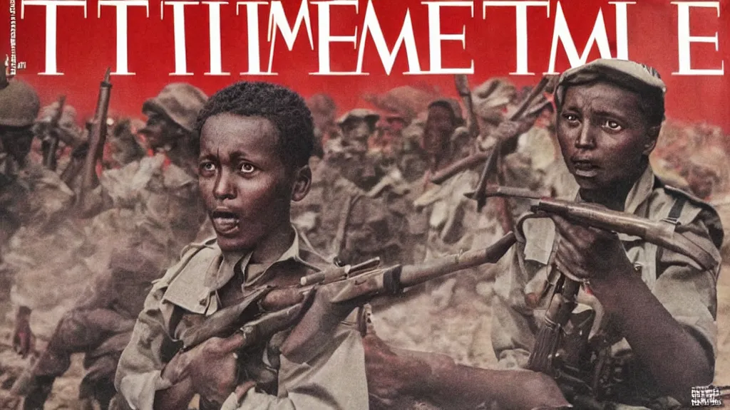 Prompt: ethiopian civil war, derg, red terror, portrait picture, in the cover of time