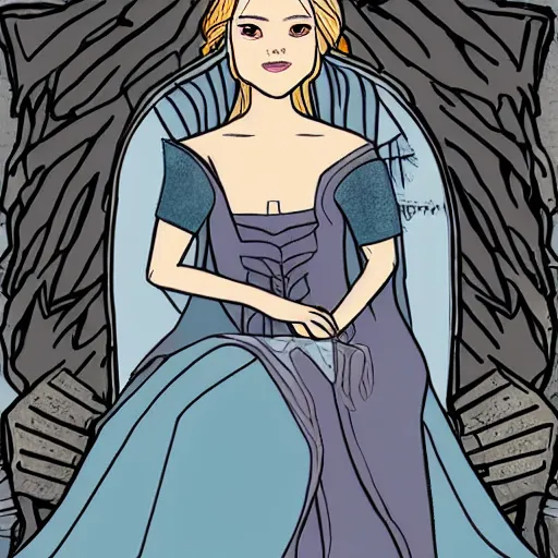 Image similar to a gorgeous princess sitting on the Iron Throne in a song of Ice and fire, realistic illustration