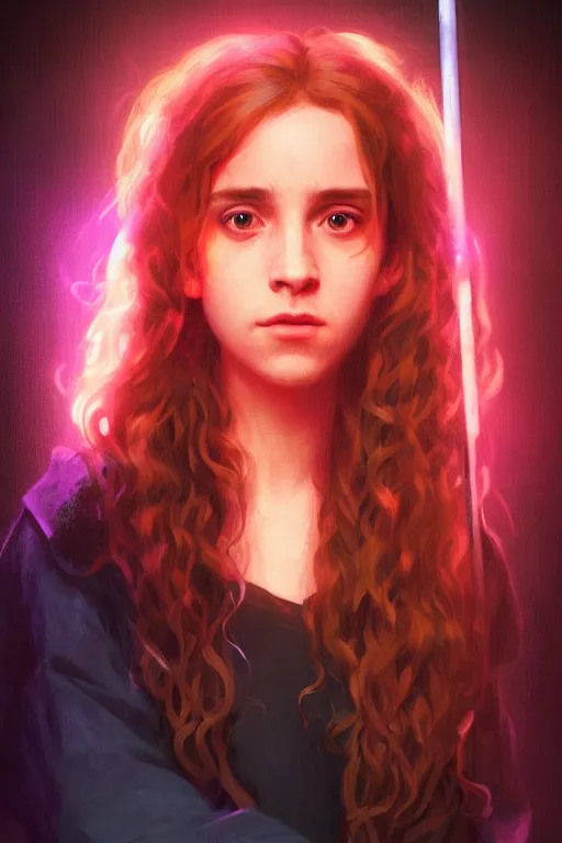 Image similar to portrait of Hermione Granger in cyberpunk, neon lighting, digital art from artstation by Ruan Jia and Mandy Jurgens and Artgerm and william-adolphe bouguereau and Greg Rutkowski and Wayne Barlowe