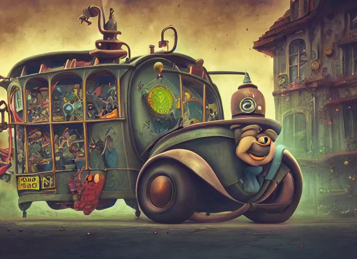 Image similar to matte sharp painting, close - up of a garden gnome driving a steampunk bus, juxtapoz, artforum, gary baseman, preston blair, tex avery, dan mumford, pedro correa