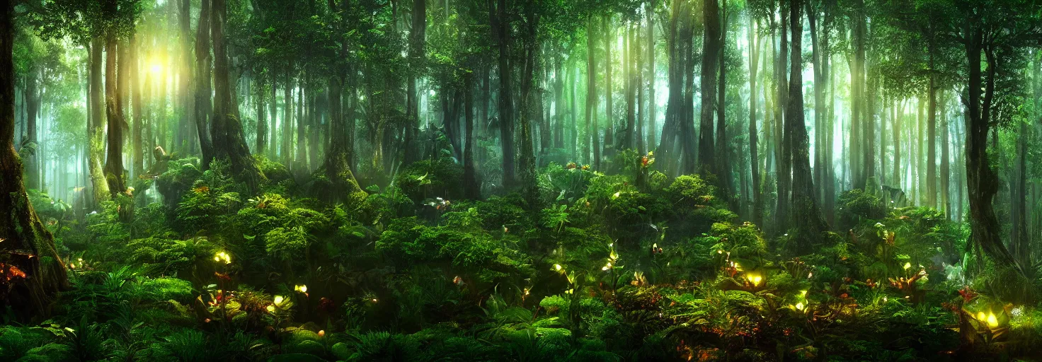 Image similar to a forest, plants glowing at night, wide shot, cinematic, ultra realistic, ultra detailed, in style of avatar movie