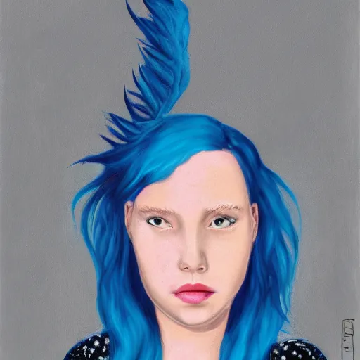 Image similar to portrait of young girl half dragon half human, blue hair, David Lynch