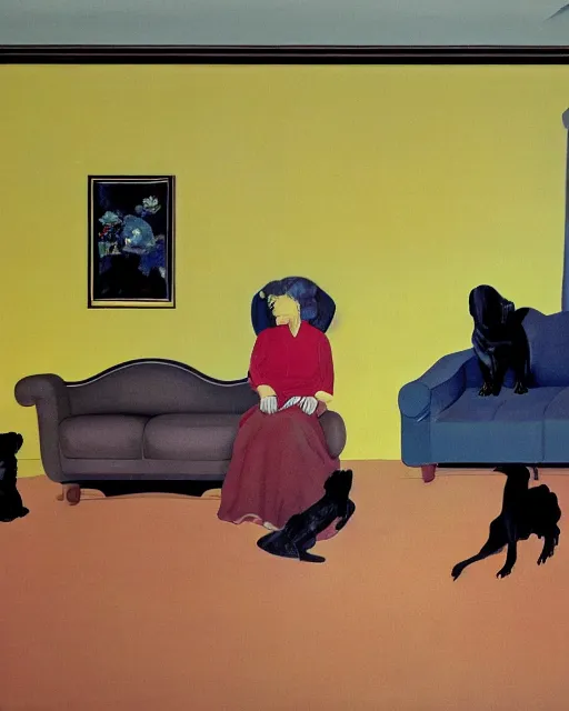 Image similar to old dead couple on couch with a big black dog in a yellow art deco interior room in the style of Francis Bacon and Syd Mead, open ceiling, highly detailed, painted by Francis Bacon and Edward Hopper, couple and dog painted by James Gilleard, surrealism, airbrush, very coherent, triadic color scheme, art by Takato Yamamoto and James Jean