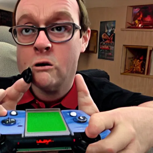 Prompt: angry video game nerd destroying and smashing consoles