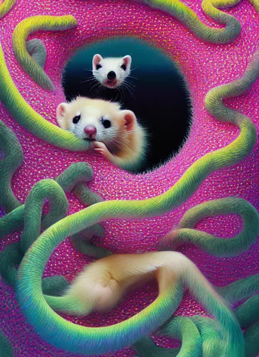 Image similar to hyper detailed 3d render like a Oil painting - kawaii portrait Aurora (blonde Sable Ferret) seen Eating of the Strangling network of yellowcake aerochrome and milky Fruit and Her delicate Hands hold of gossamer polyp blossoms bring iridescent fungal flowers whose spores black the foolish stars by Jacek Yerka, Mariusz Lewandowski, Houdini algorithmic generative render, Abstract brush strokes, Masterpiece, Edward Hopper and James Gilleard, Zdzislaw Beksinski, Mark Ryden, Wolfgang Lettl, hints of Yayoi Kasuma, octane render, 8k