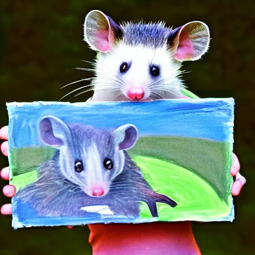 Prompt: an opossum holds up the finger painting it did, hd digital photography