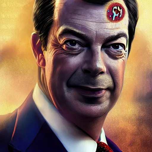 Image similar to Portrait of Nigel Farage as superman, heroic, amazing splashscreen artwork, splash art, head slightly tilted, natural light, elegant, intricate, fantasy, atmospheric lighting, cinematic, matte painting, detailed face, by Greg rutkowski