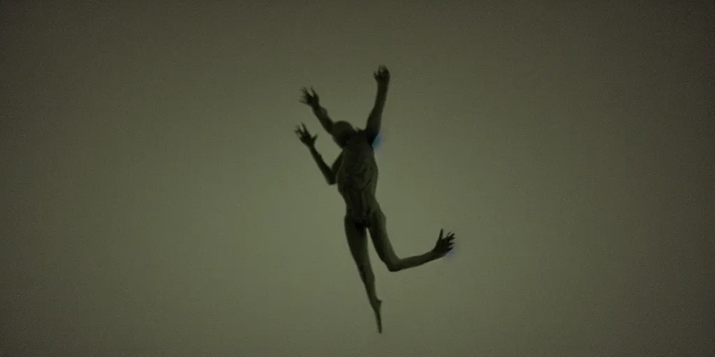 Image similar to a human-like creature crawling on the ceiling on a dark room, night vision, 240P