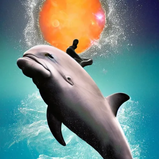 Prompt: mike tyson riding a dolphin through space photograph