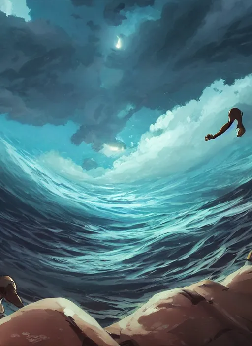 Image similar to An epic fantastic atmospheric comic book style painting of a ancient godnesses battling over the sea, fisheye lens, Makoto Shinkai, Ghibli, atmospheric, concept art, saturation 8，DAZ, dynamic lighting