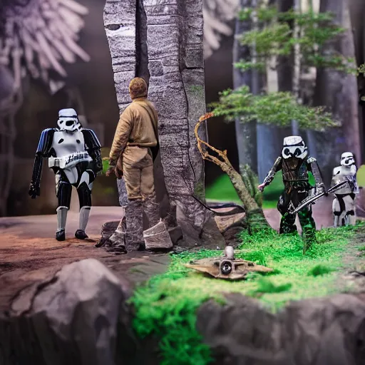 Image similar to a detailed photo of a diorama with star wars toys, macro photography, zoom, model trees, table, studio lighting