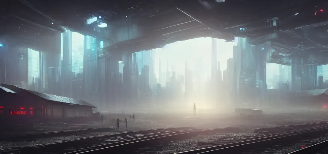 Image similar to dramatic view of cyberpunk train station, colored fog, haze, unreal engine, dramatic lighting, detailed, ambient occlusion, global illumination, god rays, 3 d artstation render by greg rutowski and jessica rossier