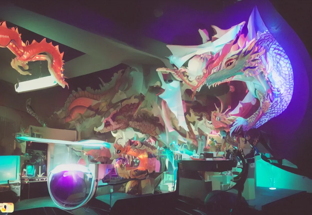 Prompt: 3 d dragon popping out of curved movie screen, volumetric lighting, bedroom, visor, users, pair of keycards on table, bokeh, creterion collection, shot on 7 0 mm, instax