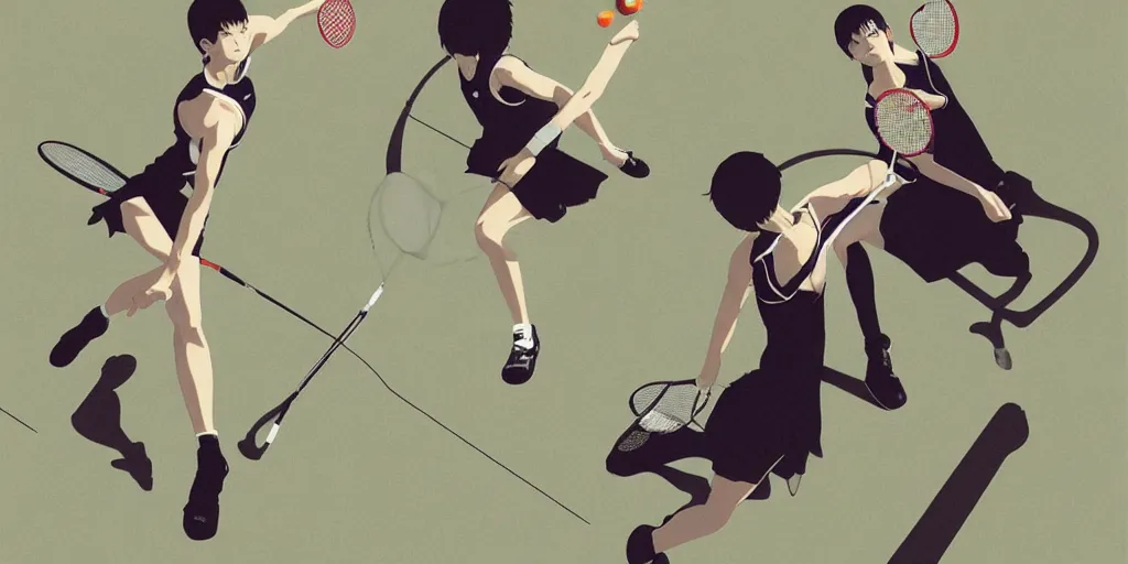 Image similar to illustration of a badminton, realistic body poses, badminton rackets, badminton birdies, by ilya kuvshinov katsuhiro otomo