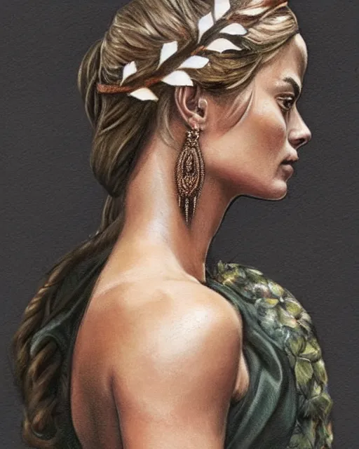 Image similar to realism tattoo sketch of margot robbie as a beautiful greek goddess aphrodite with piercing eyes wearing a laurel wreath and triangle earrings, in the style of greg rutkowski, amazing detail, side view