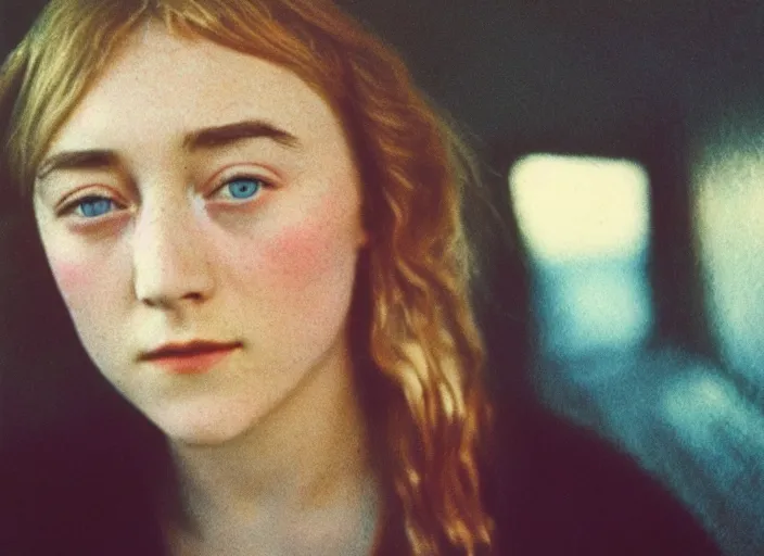 Prompt: color film photography 1970s, Saoirse Ronan, soft focus, golden hour, soft light, 35mm, film photo, nan goldin