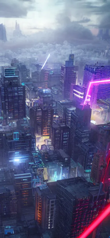 Image similar to unreal engine 5 render of a city with lasers coming out of the clouds, digital art ”