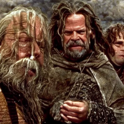 Image similar to the fellowship of the ring by Terry Gilliam scene from a movie, intense, highly textured