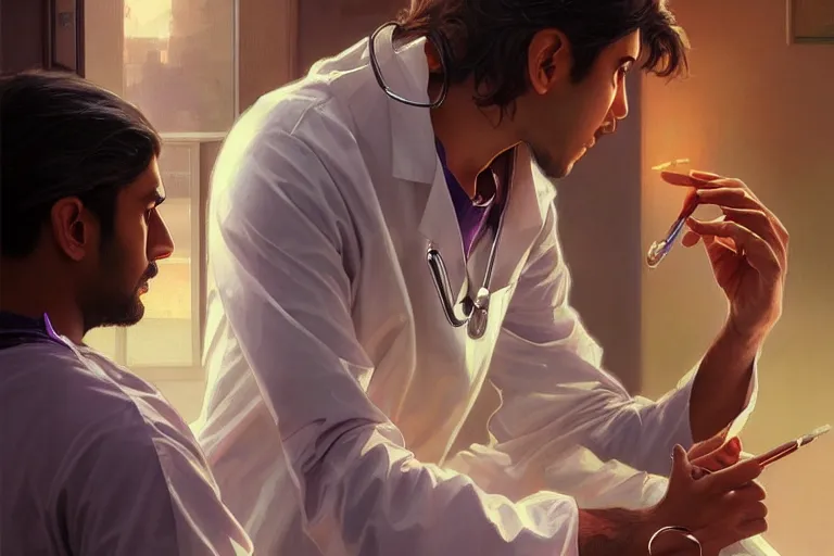 Prompt: Anxious good looking pale young Indian doctors wearing scrubs and shirts at the airport, portrait, elegant, intricate, digital painting, artstation, concept art, smooth, sharp focus, illustration, art by artgerm and greg rutkowski and alphonse mucha