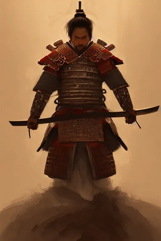 Image similar to highly detailed portrait of a samurai warrior, ornate, digital painting, artstation, concept art, smooth, clear focus, greg rutkowski, artgerm, global lighting, detailed and fantasy